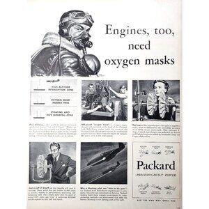 PRINT AD 1943 Packard Engines Oxygen Mask Fighter Pilot Walter Richards WWII